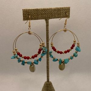 ⭐ 3/$15 ⭐ Shells & Beads Gold Dangle Earrings ¤ Blue Turquoise Red Gold Beads